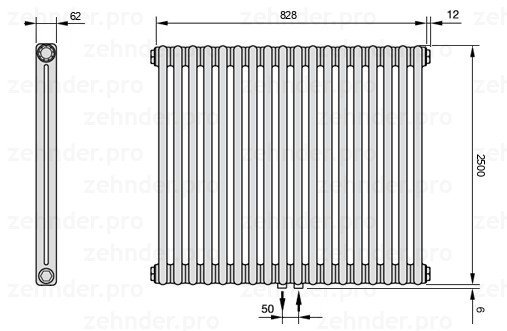 Схема (чертеж) Радиатор Zehnder Charleston 2250/18 №5410 Белый глянцевый RAL 9016